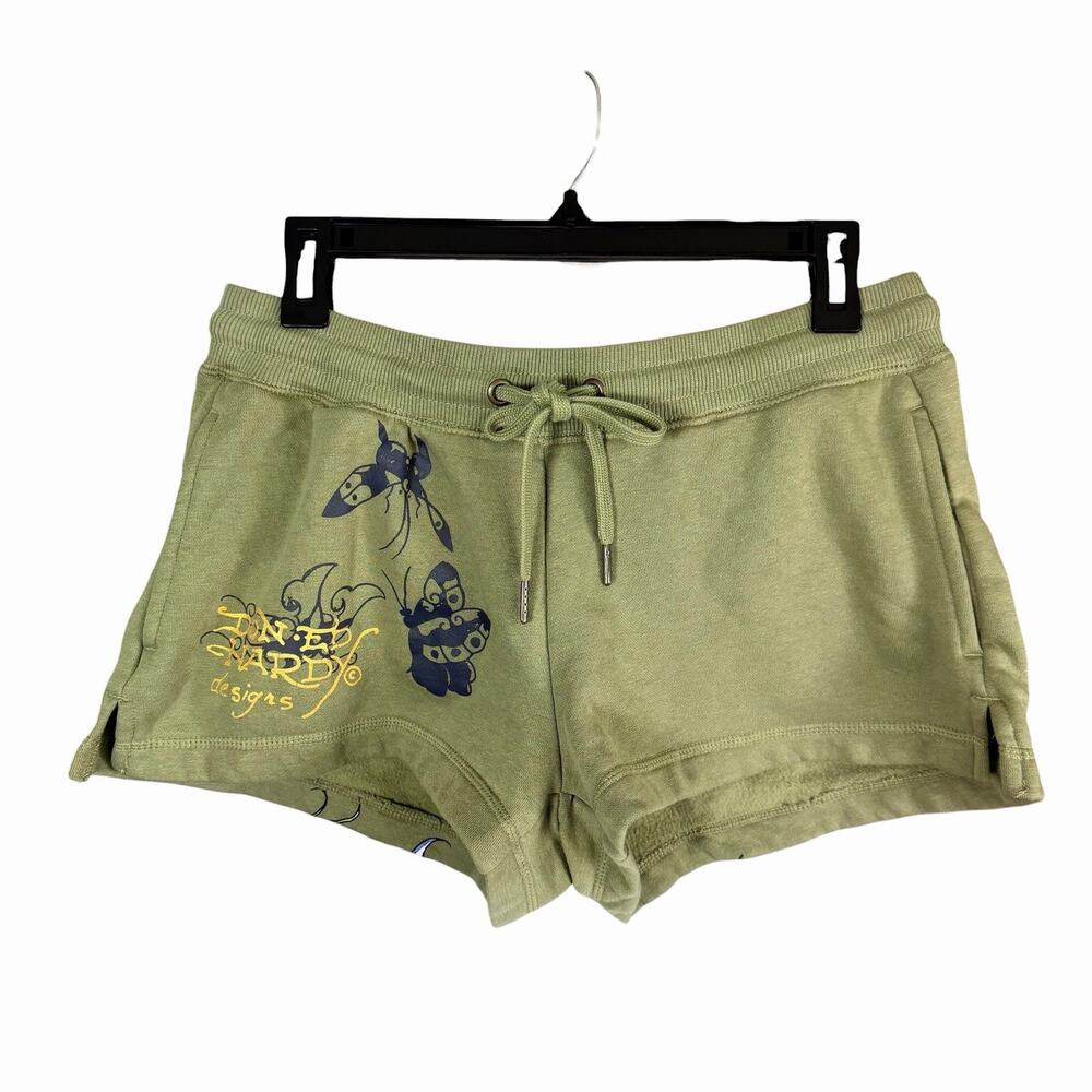 Ed Hardy Butterflies Fleece Short Womens M Green Y2K Bohemian Boho Hippie Fairy